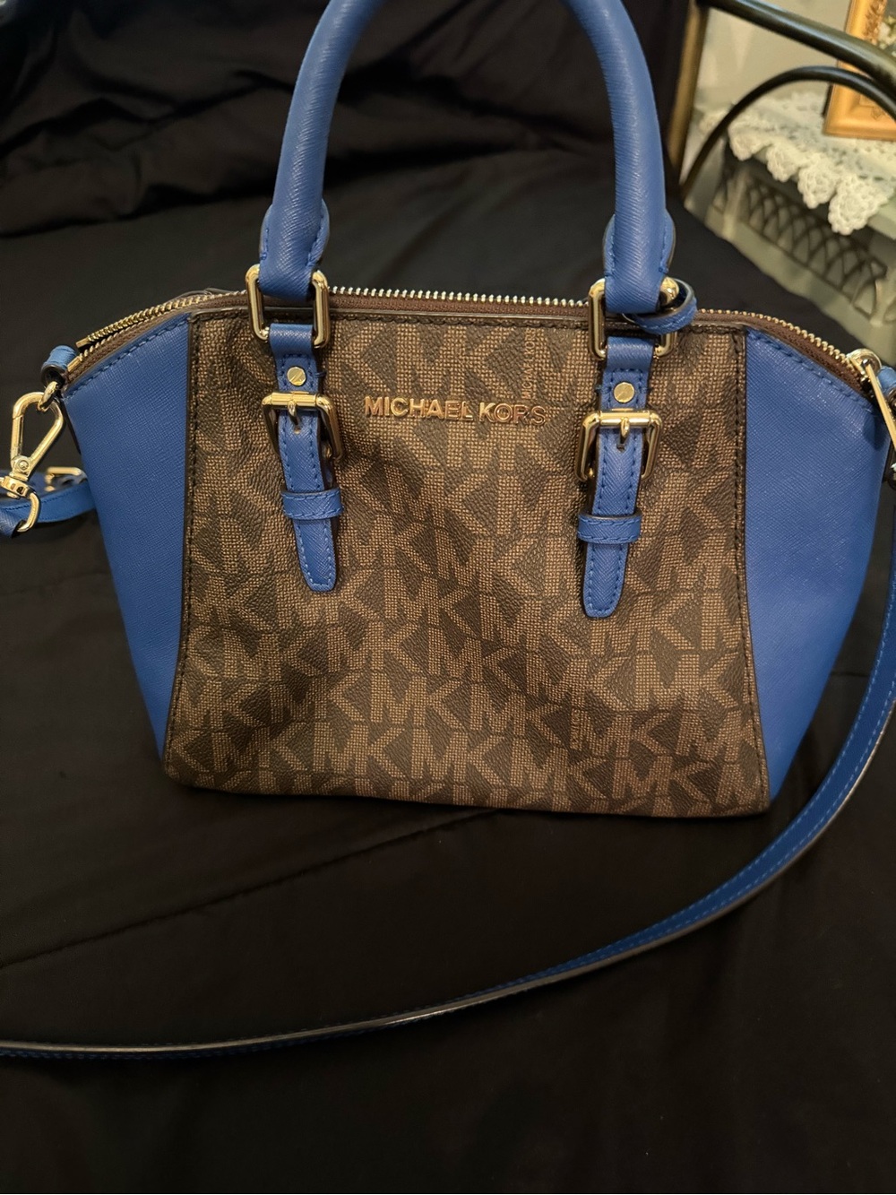 Michael Kors Brown MK Monogram Satchel with Blue Trim